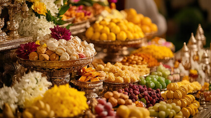 Close-up of devotees preparing traditional offerings for Krishna Janmashtami, featuring sweets, fruits, and flowers arranged in an ornate display