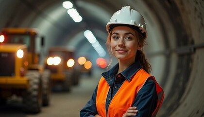 A young female construction engineer in a hard hat surveys an active metro tunnel, exuding confidence amid machinery.