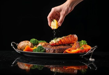 Gourmet surf and turf dish with lobster tail, steak, and vegetables garnished with lemon on a reflective black surface