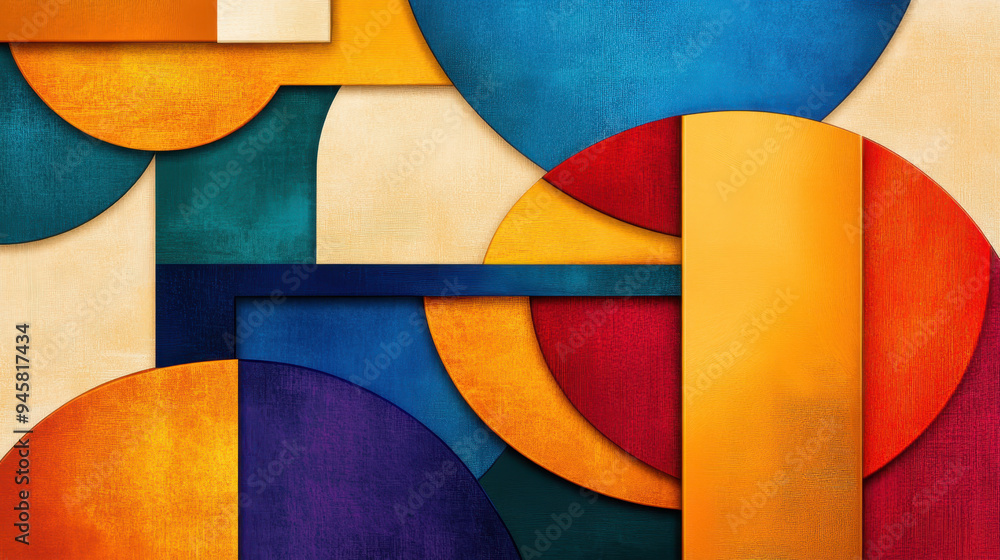 Poster abstract geometric shapes in vibrant colors creating a modern artwork with circles and rectangles la