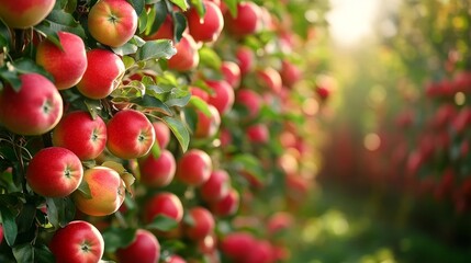 Many Colorful red apples on tree ready to harvesting. Apple orchard with red apples
