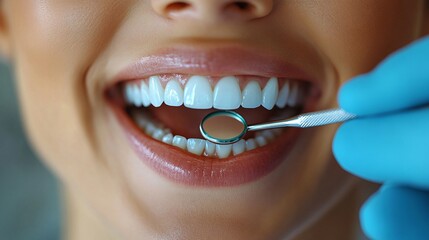 Fototapeta premium Dentist examining woman teeth with dental mirror at clinic