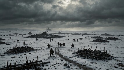 A battlefield frozen in time, with warriors suspended in combat, surrounded by a still, grey sky.