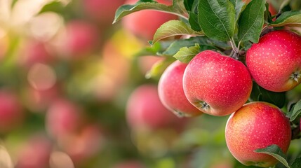 Many Colorful red apples on tree ready to harvesting. Apple orchard with red apples
