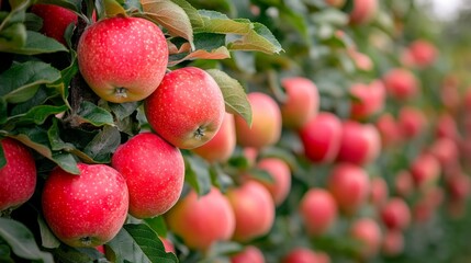 Many Colorful red apples on tree ready to harvesting. Apple orchard with red apples