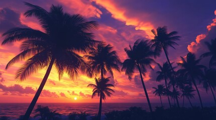 Obraz premium A beautiful sunset scene with palm trees swaying in the wind, with the sky transitioning from orange to deep purple, capturing the essence of a tropical evening.