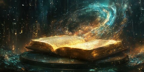 Open book glowing with magical light.