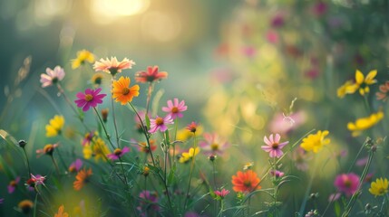 A stunning field of wildflowers bursts with color against a backdrop of soft, sun-drenched greenery. The image symbolizes joy, growth, new beginnings, and the beauty of nature.