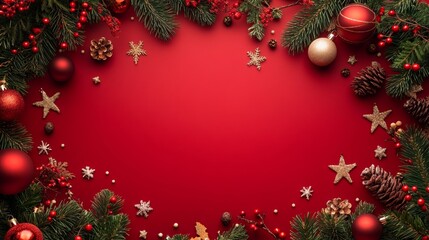 Festive Christmas frame with ornaments and pinecones on a bright red background