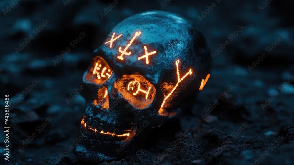 Wall mural Glowing Skull with Runes on a Dark Surface