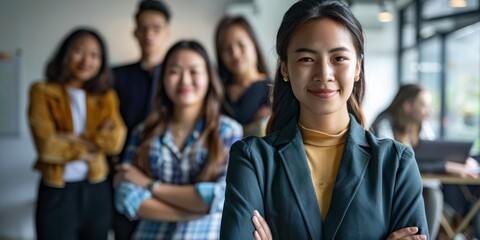 Fototapeta premium Confident professional woman smiling at new job opportunity in a startup. Proud young employee with crossed arms, showcasing vision, success, and motivation in a corporate environment