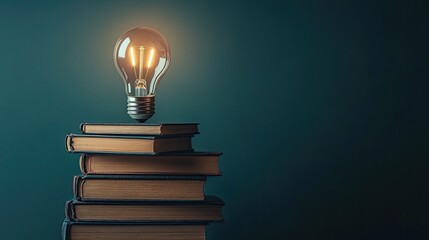 A bright idea concept with a light bulb on top of several stacked books, isolated against a neutral background, symbolizing innovation and knowledge.