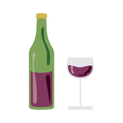 Bottle of wine and glass with wine on white background drawn by hand. Vector of alcoholic drink