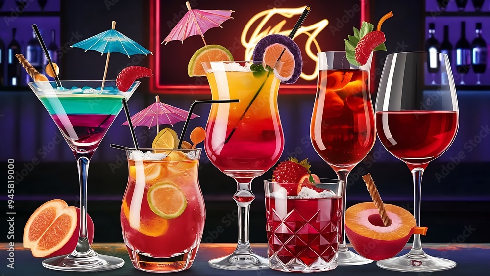 Wall mural illustration of a set of different bar glasses with wine and different cocktails decorated with frui