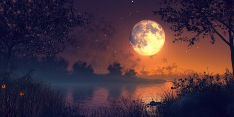 Silhouetted trees frame a full moon over a still lake.