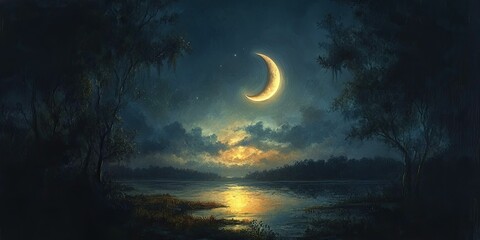 Naklejka premium Crescent moon over dark lake and trees.