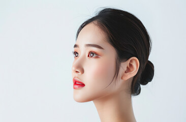Naklejka premium light make up young teen asian model studio portrait photo with white background great for cosmetics and spa advertisement 