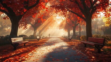 Romantic Path in Red Tree Park. AI generated illustration.