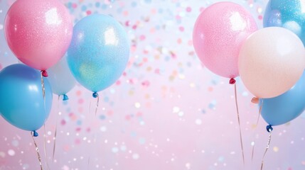 Celebration with pink and blue gender reveal balloons and glitter invitations for a baby shower