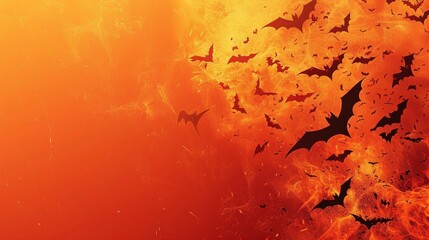 A swarm of black bats fly against a fiery orange background, symbolizing the dark and mysterious side of Halloween, the power of nature, the chaotic energy of the season, and the passage of time.