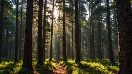 Obraz premium A towering pine forest with sunlight filtering through the canopy onto the ground.