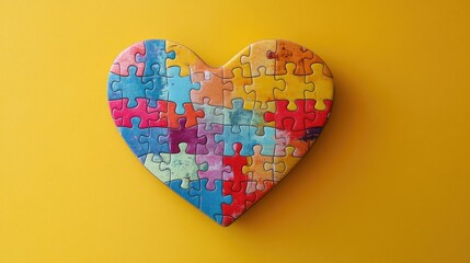 A colorful heart-shaped puzzle on a bright yellow background, symbolizing unity and love.