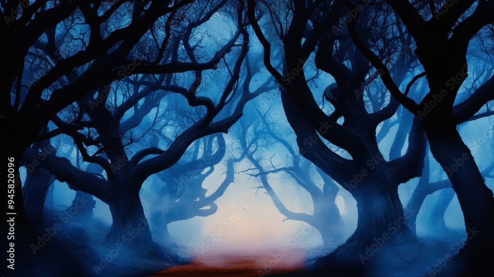 Poster enigmatic forest scene shrouded in mist with eerie twisted trees, creating a mysterious and atmosphe