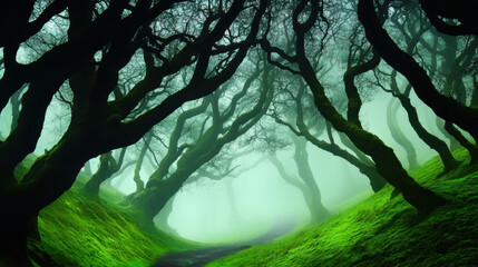 Enchanted foggy forest with winding path, moss-covered trees, and ethereal light creating a mystical atmosphere