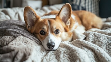 A content corgi resting on a plush bed, exuding the breed's characteristic charm and laid-back attitude, perfect for a cozy, cheerful background.