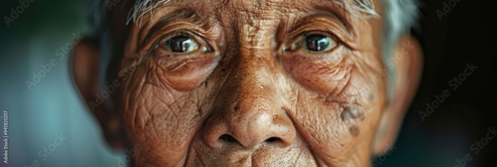 Poster a wise elderly man with deep-set wrinkles and expressive eyes embodies tranquility and knowledge, re