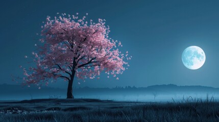 Pink cherry trees in the moonlight