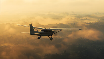 Fototapeta premium Private Small Aircraft Soaring in Flight – Dynamic Aerial View of a Light Plane in Action