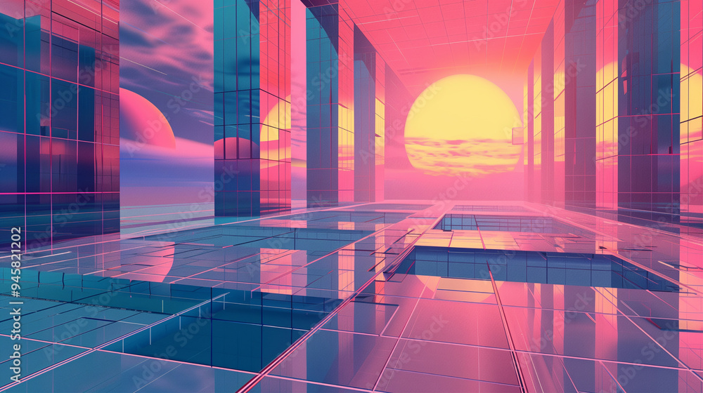 Poster retro abstract cityscape, y2k aesthetics space with the sunset, synthwave style background with abst