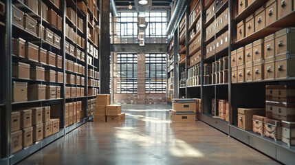 A real image which represents a business premises filled with tidy storage boxes, AI Generative