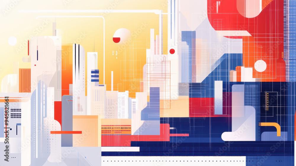 Poster abstract digital cityscape with geometric shapes and vibrant colors reflecting modern architecture a