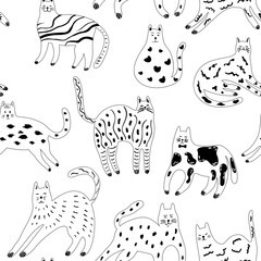 Seamless pattern with hand drawn cats. Simple illustration in doodle style.