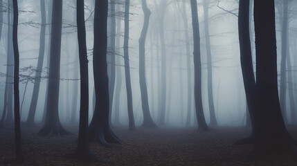 Misty Forest with Tall Dark Tree Trunks and Blue Fog at Twilight