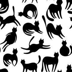 Seamless pattern with hand drawn cats. Simple illustration in doodle style.