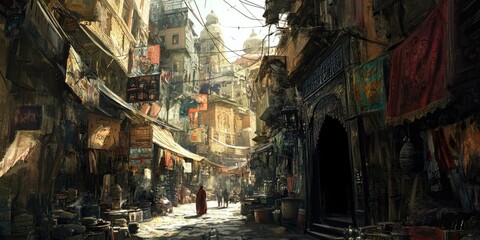 A narrow, cluttered street in a bustling, ancient city.