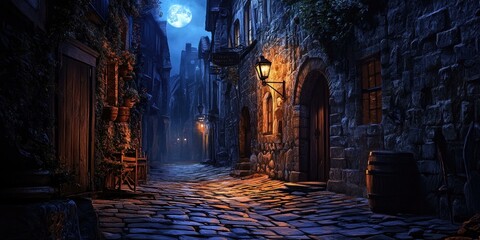 Fototapeta premium Cobblestone street lit by moonlight and lanterns.