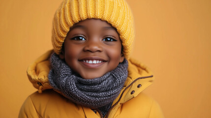 an African American boy wearing orange winter clothes, smiling