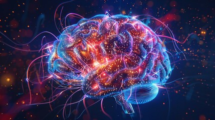 Fototapeta premium Vibrant Neural Network Depiction, Illuminated Brain with Glowing Connections, Futuristic Technology and Artificial Intelligence. Generative AI