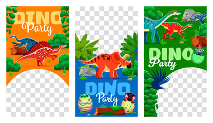 Kids dino party social media templates with funny prehistoric dinosaurs, vector frames. Dino park party or children entertainment event invitation post templates for social media transparent frames