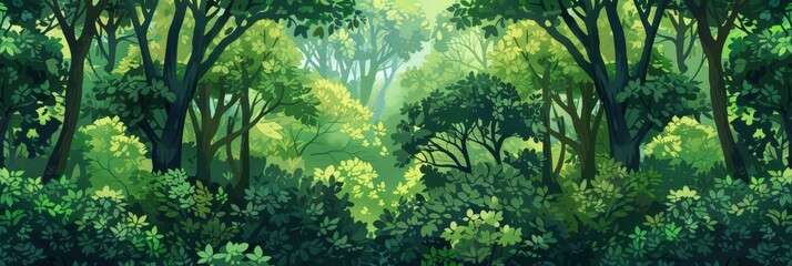 Obraz premium A vibrant and intricate seamless pattern background showcasing a lush forest with tall trees, dense foliage, and dappled sunlight. The pattern symbolizes nature's abundance, tranquility, and the inter