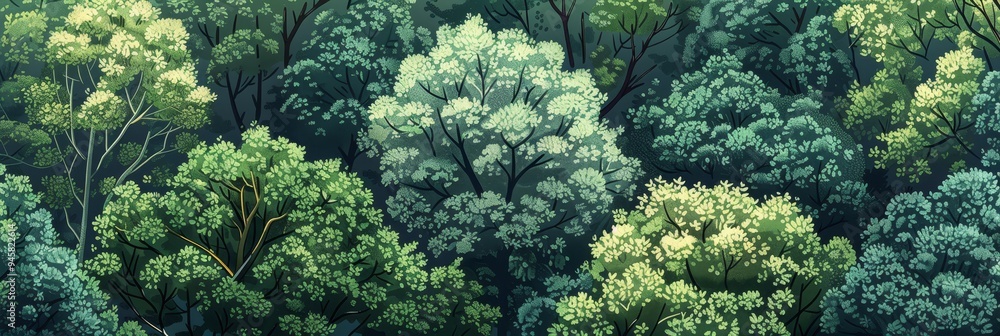 Poster a vibrant and intricate seamless pattern showcasing a dense forest canopy with overlapping trees in 