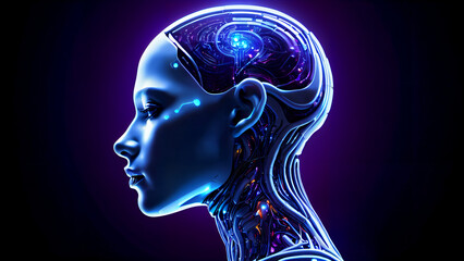 Obraz premium Futuristic Android: a detailed humanoid robot with mechanisms, LEDs and electronic circuits, embodying artificial intelligence and technological advances in a world of dark aesthetics and philosophica