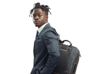 A young businessman from the Caribbean, in a tropical setting, holding a briefcase, symbolizing the confidence and resilience of Caribbean entrepreneurs.