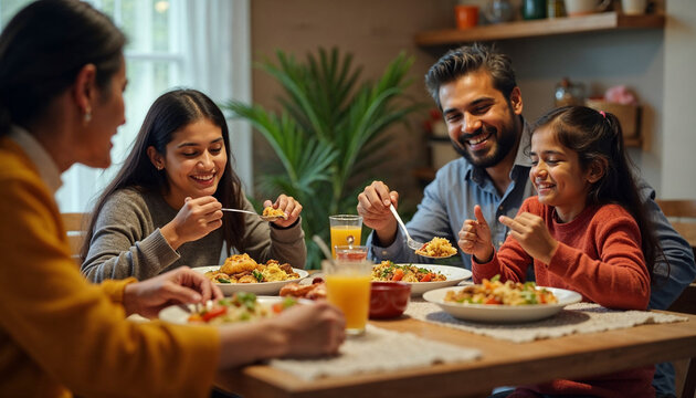 Indian young Family of four eating food at dining table at home or in restaurant. South Asian mother, father and two daughters having meal together