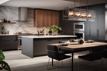 Fototapeta premium Modern luxury kitchen with island, open shelving, and sleek design