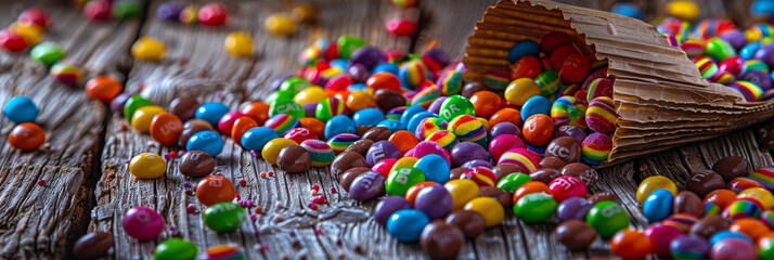 Obraz premium A vibrant and playful image of colorful candy spilling out of a paper bag onto a rustic wooden surface. The candy represents joy, celebration, and the sweetness of life, while the wooden background ad